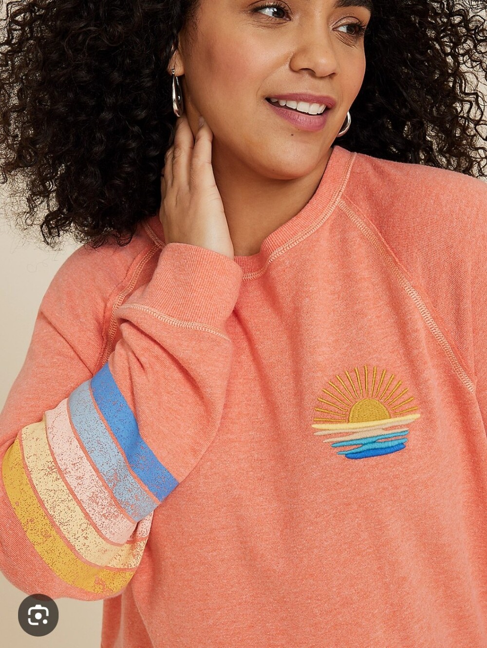 Orange Lightweight Crewneck Sweatshirt with Striped Sleeve Accents And Sunset